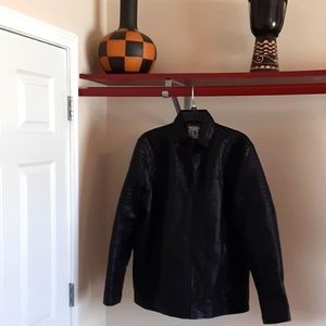Mens , blue grandeur, faux black leather jacket. Large size